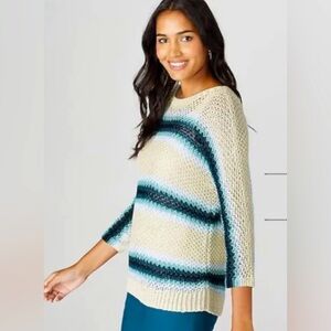 J. Jill Loose Knit Dolman 3/4 Sleeve Sweater Linen Blend Striped Blue Beige